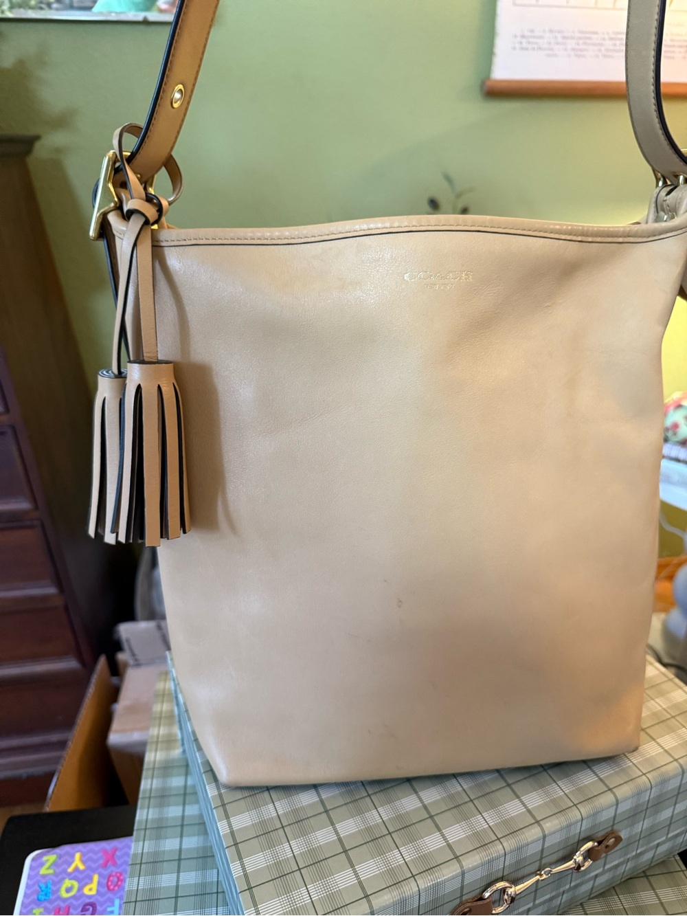 Coach Legacy Beige Leather Tassel Shoulder Tote